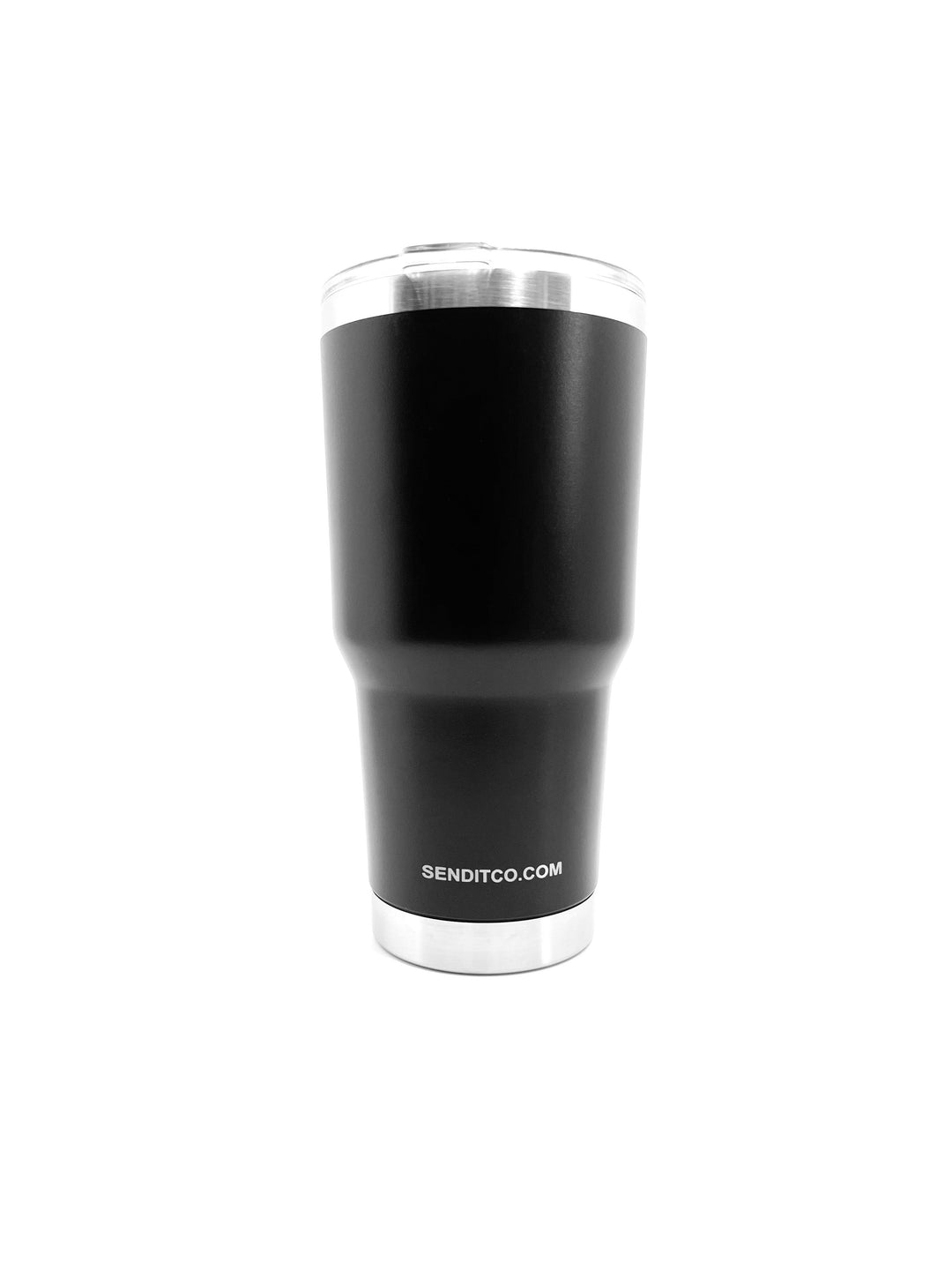 The send it 30oz tumbler back side with lid shown secured on the send it 30 oz stainless steel vacuum insulated tumbler. The send it tumbler features the website senditco.com laser etched onto the backside of this tumbler.