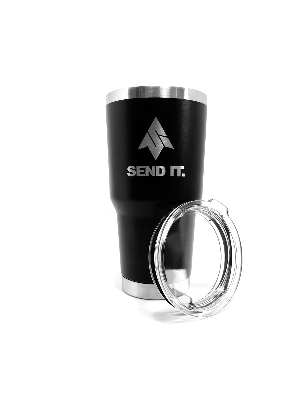 The send it 30oz tumbler with lid shown in front of the send it 30 oz stainless steel vacuum insulated tumbler. The send it tumbler features the iconic send it logo laser etched onto the tumbler.