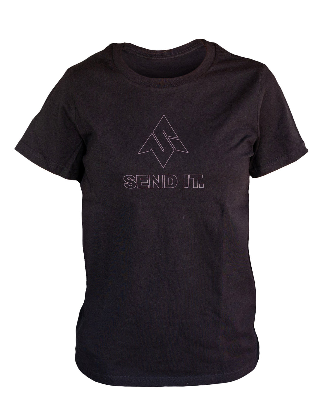 Image of the front of the womens Send It Outlier T-shirt featuring the send it iconic logo printed on the middle of the chest in a smoke grey color on a dark black colored shirt.