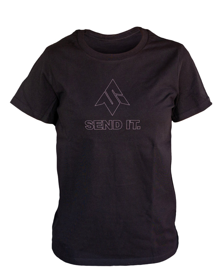 Image of the front of the womens Send It Outlier T-shirt featuring the send it iconic logo printed on the middle of the chest in a smoke grey color on a dark black colored shirt.